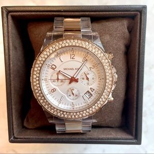 MICHAEL KORS LADIES CLEAR ACRYLIC ROSE GOLD CRYSTAL CHRONOGRAPH WATCH MK5323